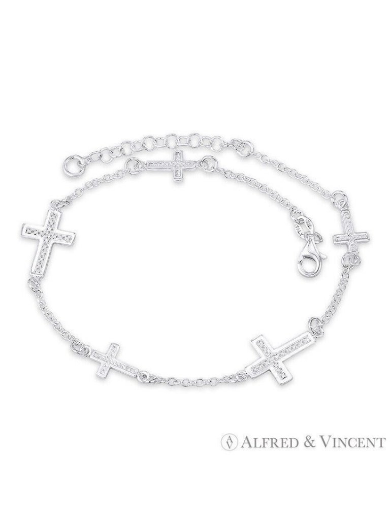 Latin Cross W/ Cable Chain Italian Charm Anklet In .925 Sterling Silver - 9"